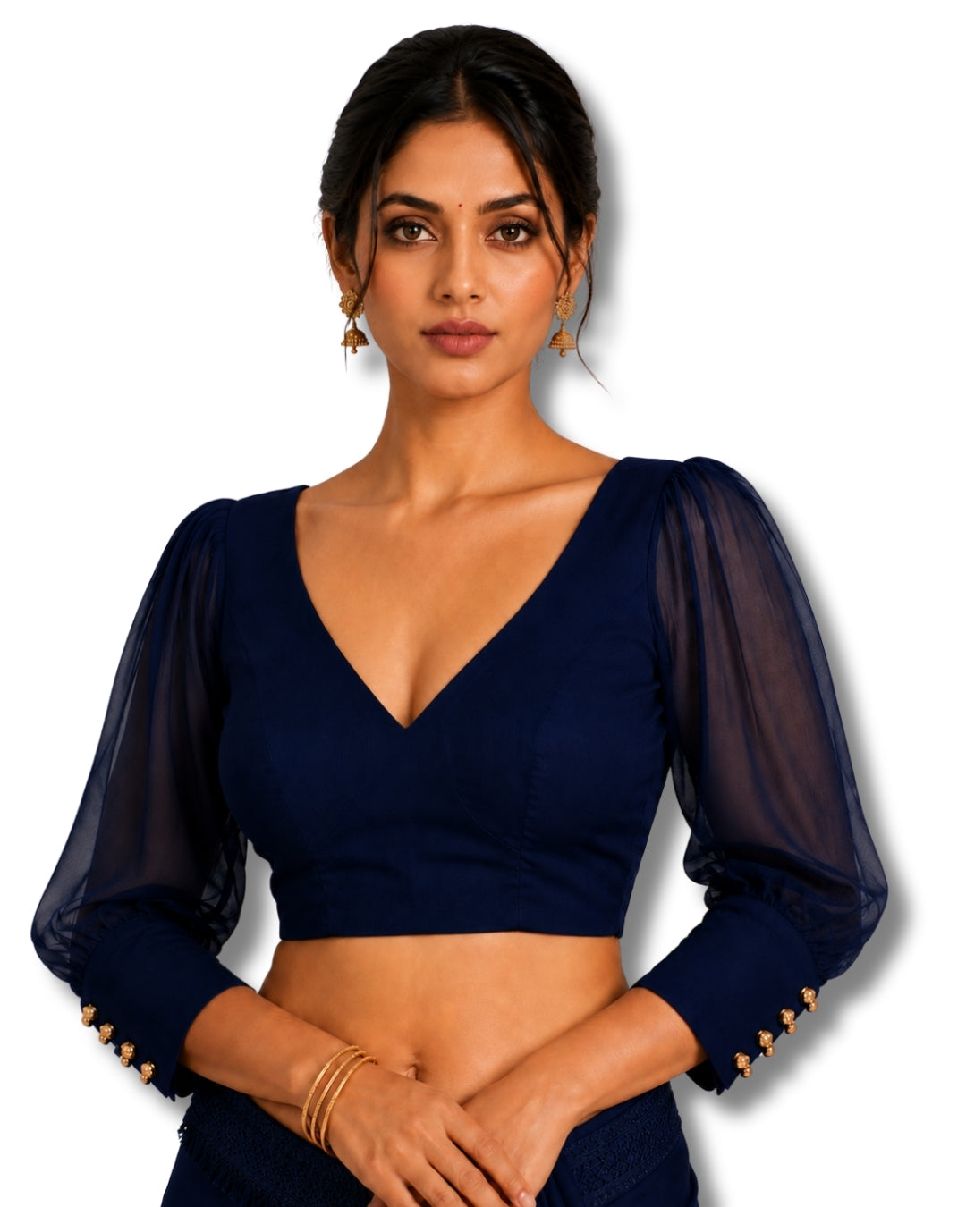 MATCHLINE™ Women's V-Neck Puff Sleeve Saree Blouse | Open Back Tie-Up Blouse
