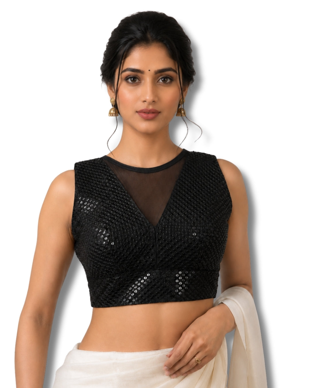 MATCHLINE™ Women's Embroidered Sequin Blouse | V-Neck Sleeveless Saree Blouse