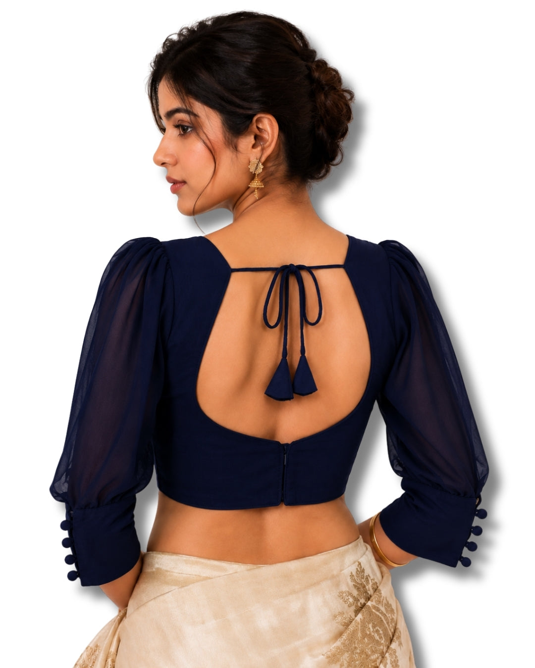 MATCHLINE™ Women's V-Neck Puff Sleeve Saree Blouse | Open Back Tie-Up Blouse