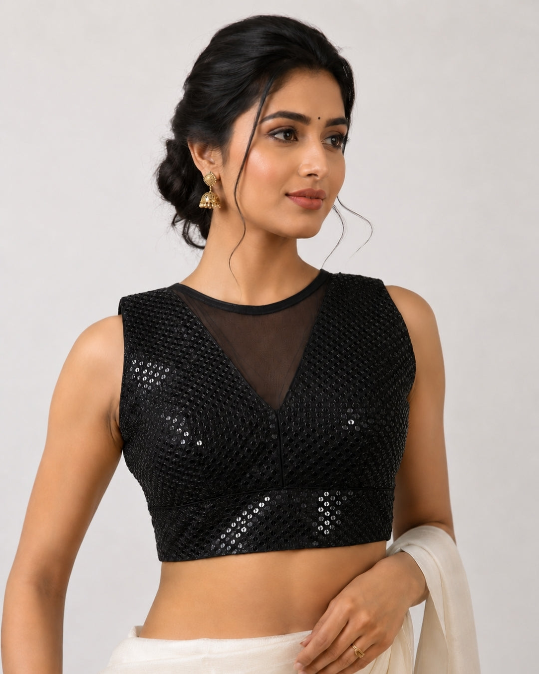MATCHLINE™ Women's Embroidered Sequin Blouse | V-Neck Sleeveless Saree Blouse
