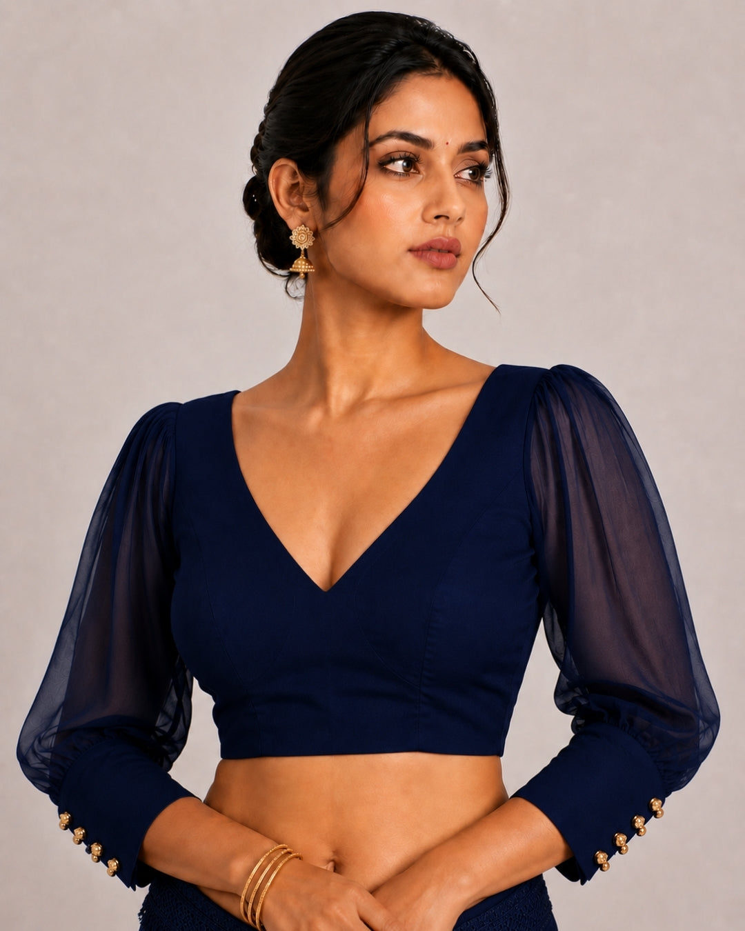 MATCHLINE™ Women's V-Neck Puff Sleeve Saree Blouse | Open Back Tie-Up Blouse