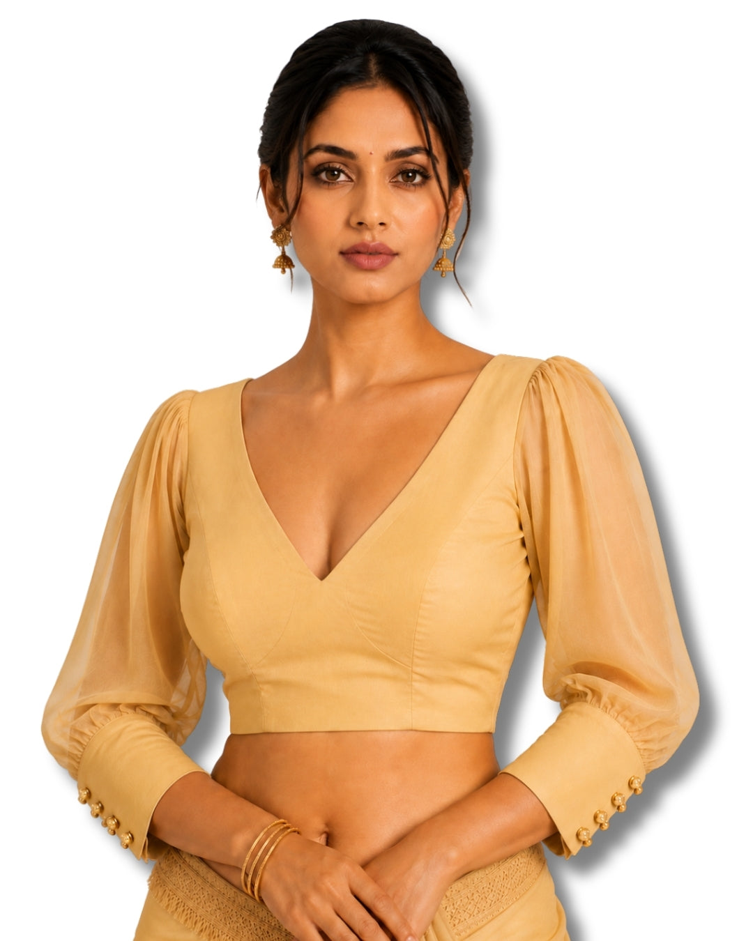 MATCHLINE™ Women's V-Neck Puff Sleeve Saree Blouse | Open Back Tie-Up Blouse