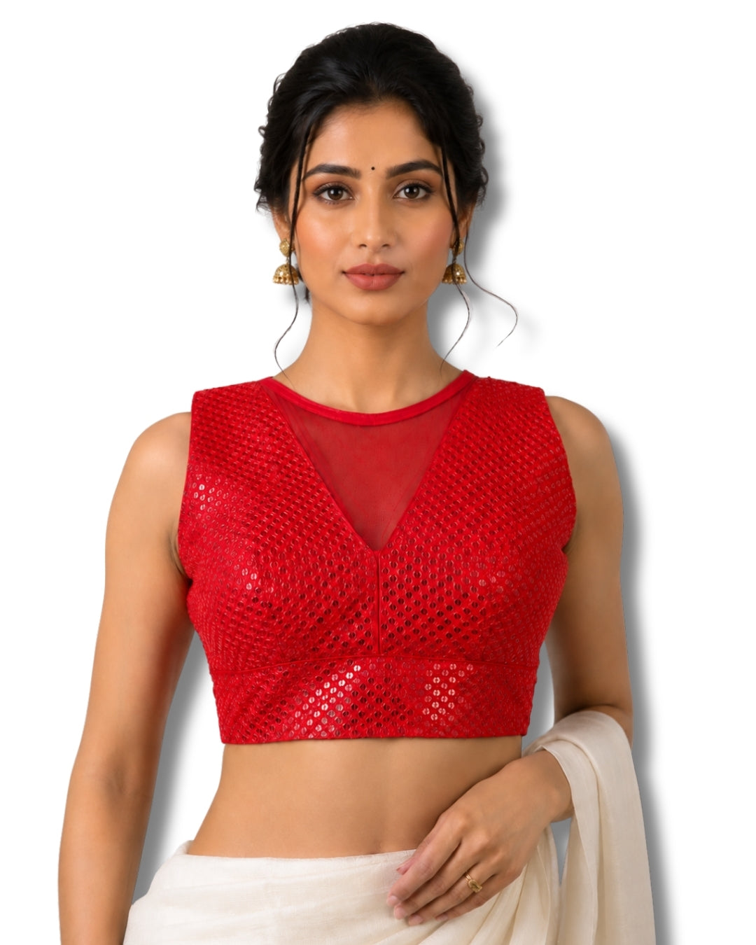 MATCHLINE™ Women's Embroidered Sequin Blouse | V-Neck Sleeveless Saree Blouse