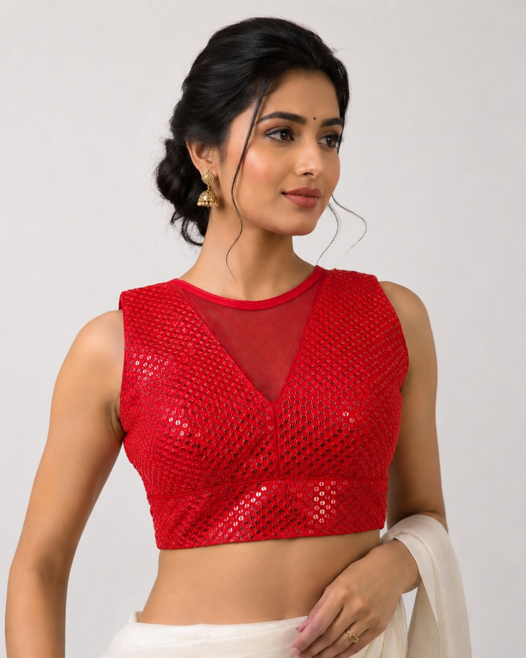 MATCHLINE™ Women's Embroidered Sequin Blouse | V-Neck Sleeveless Saree Blouse