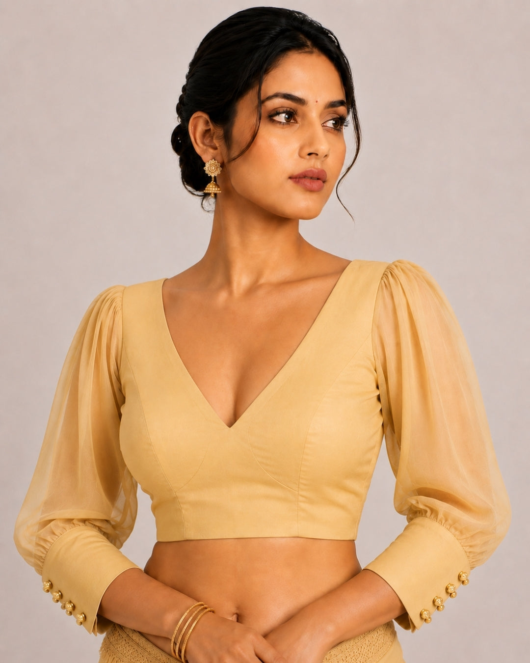 MATCHLINE™ Women's V-Neck Puff Sleeve Saree Blouse | Open Back Tie-Up Blouse