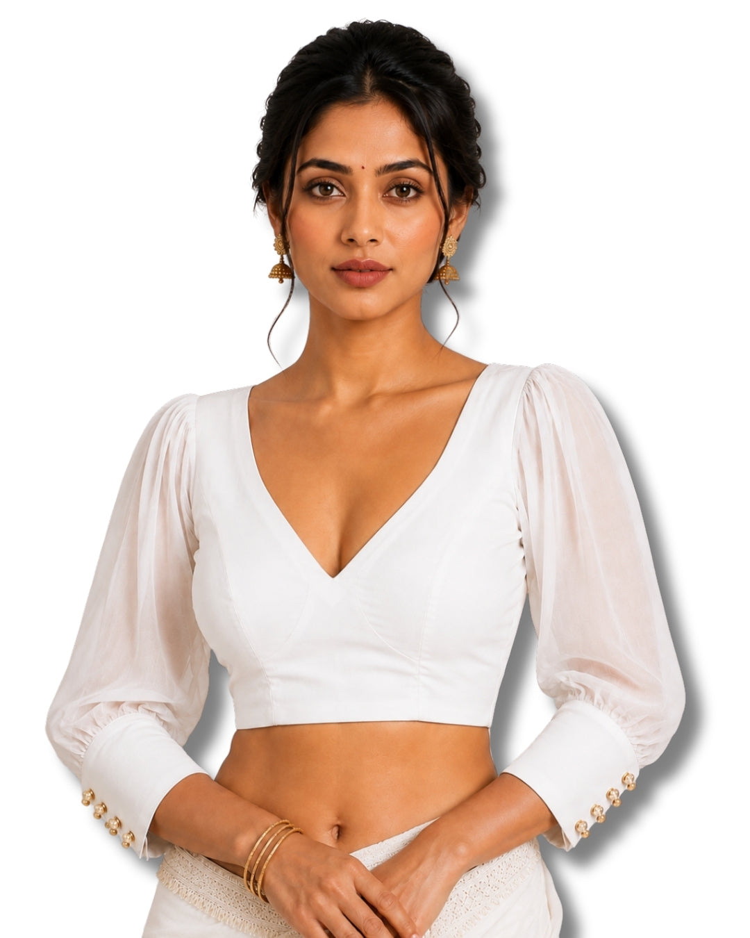 MATCHLINE™ Women's V-Neck Puff Sleeve Saree Blouse | Open Back Tie-Up Blouse