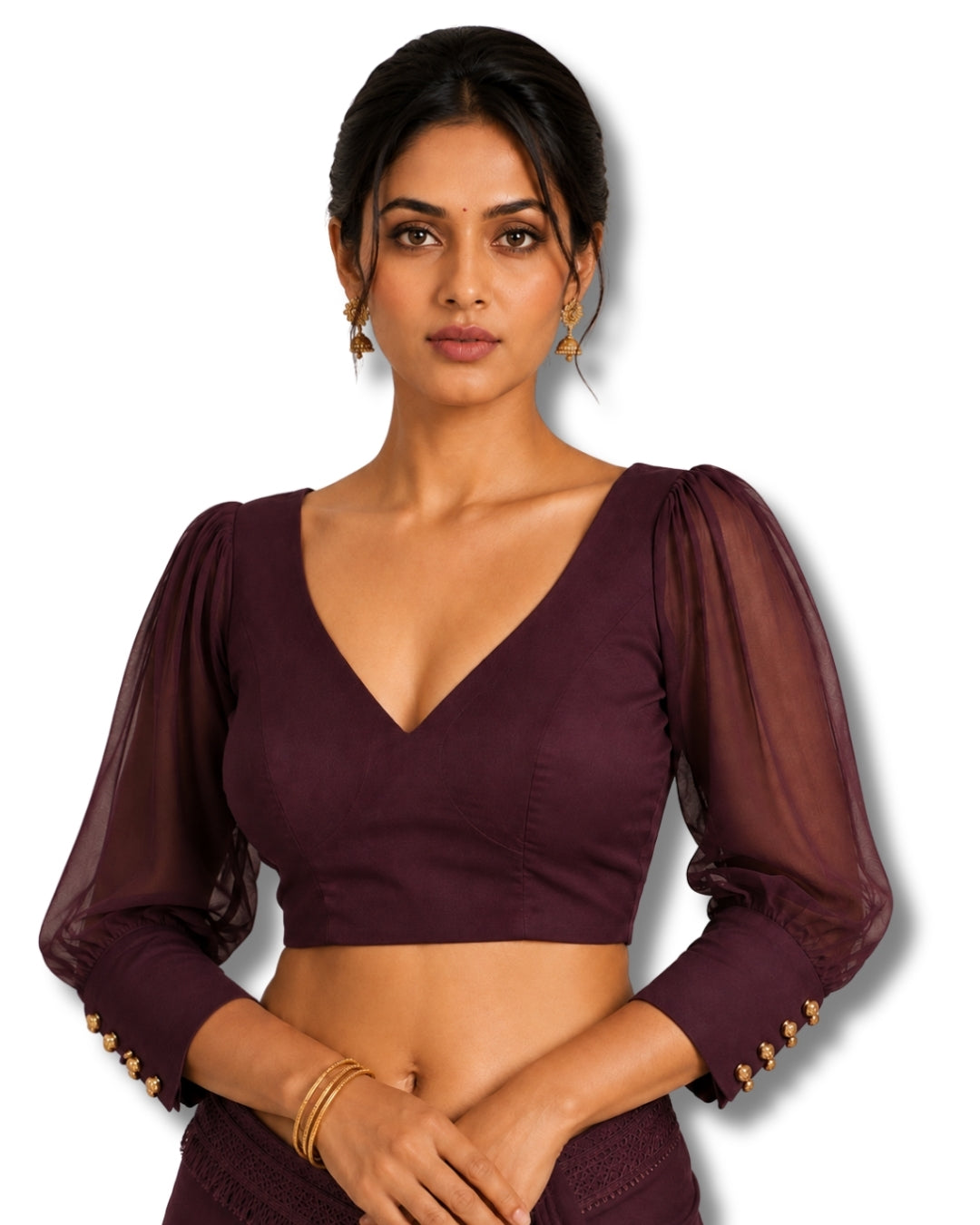 MATCHLINE™ Women's V-Neck Puff Sleeve Saree Blouse | Open Back Tie-Up Blouse