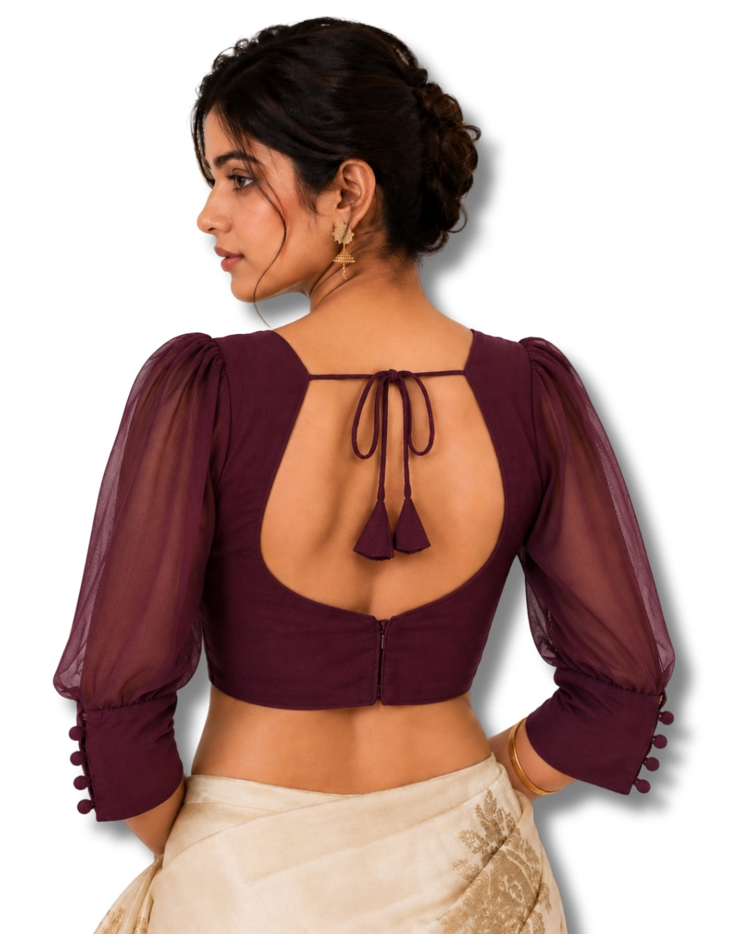 MATCHLINE™ Women's V-Neck Puff Sleeve Saree Blouse | Open Back Tie-Up Blouse