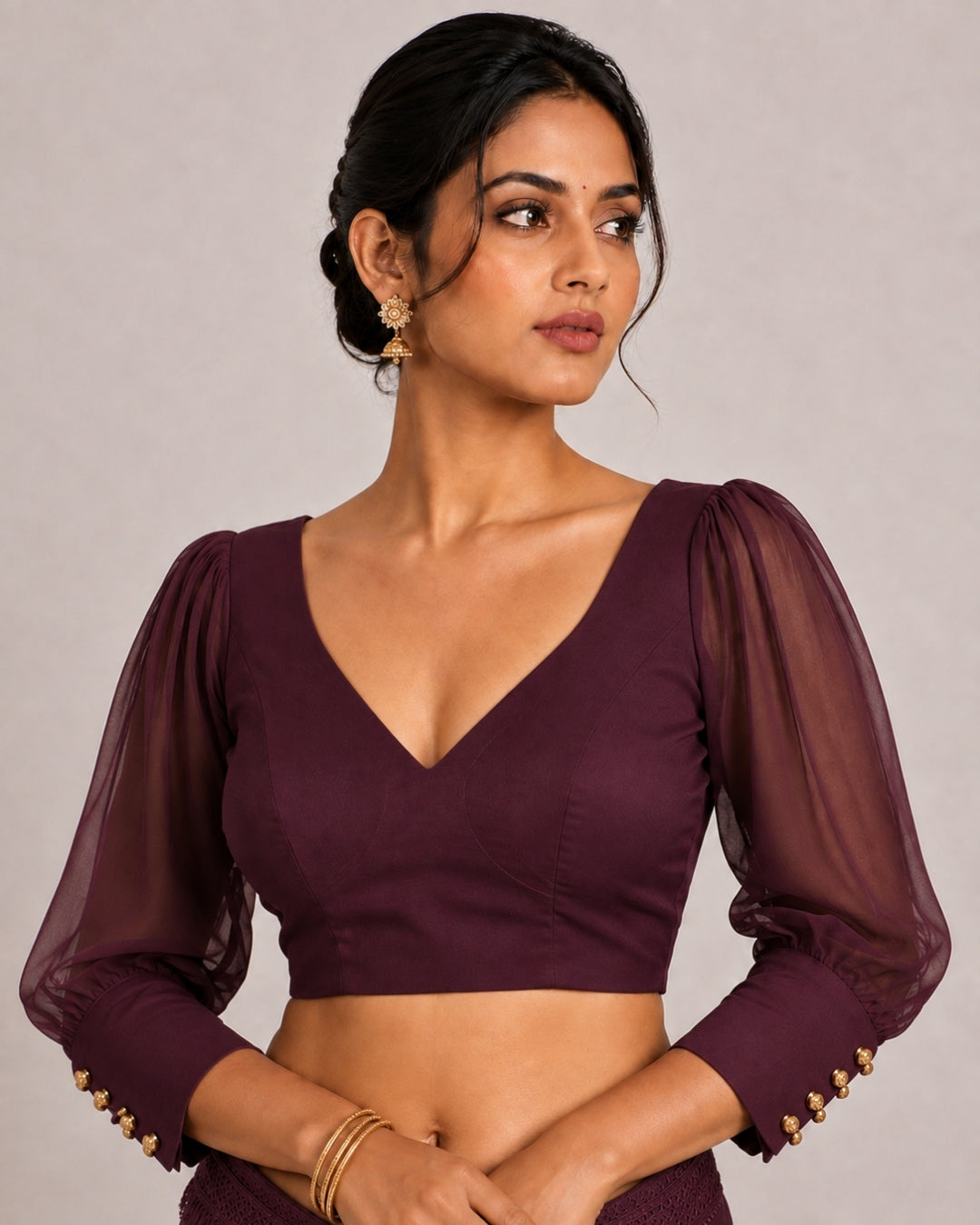 MATCHLINE™ Women's V-Neck Puff Sleeve Saree Blouse | Open Back Tie-Up Blouse