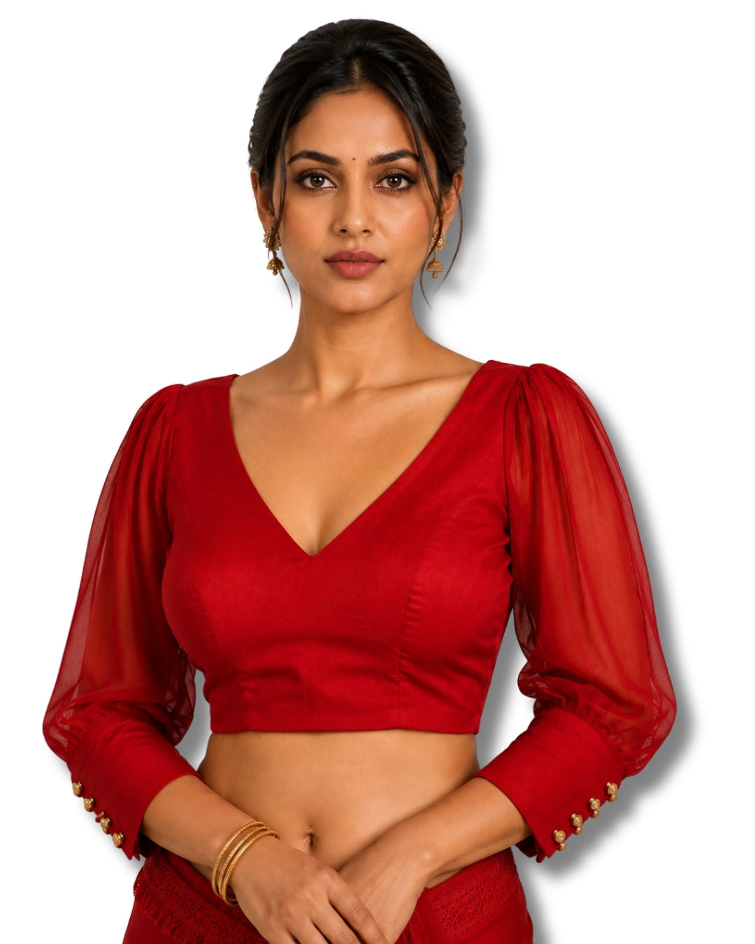 MATCHLINE™ Women's V-Neck Puff Sleeve Saree Blouse | Open Back Tie-Up Blouse