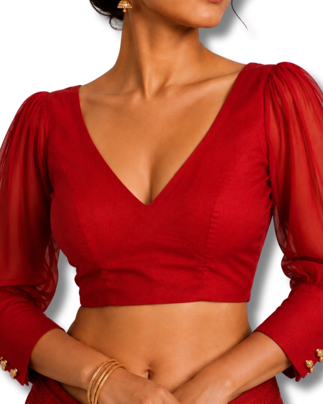 MATCHLINE™ Women's V-Neck Puff Sleeve Saree Blouse | Open Back Tie-Up Blouse