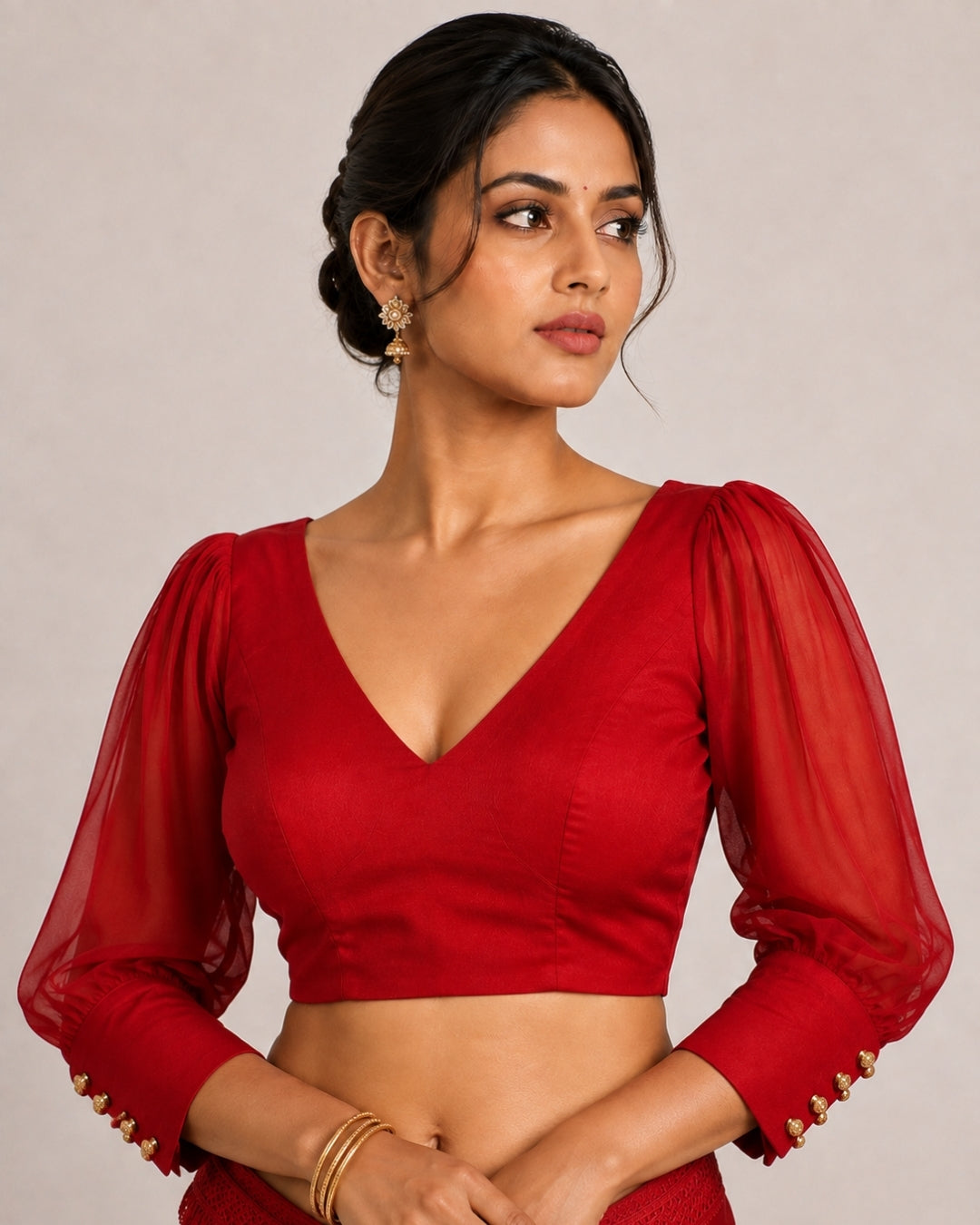 MATCHLINE™ Women's V-Neck Puff Sleeve Saree Blouse | Open Back Tie-Up Blouse