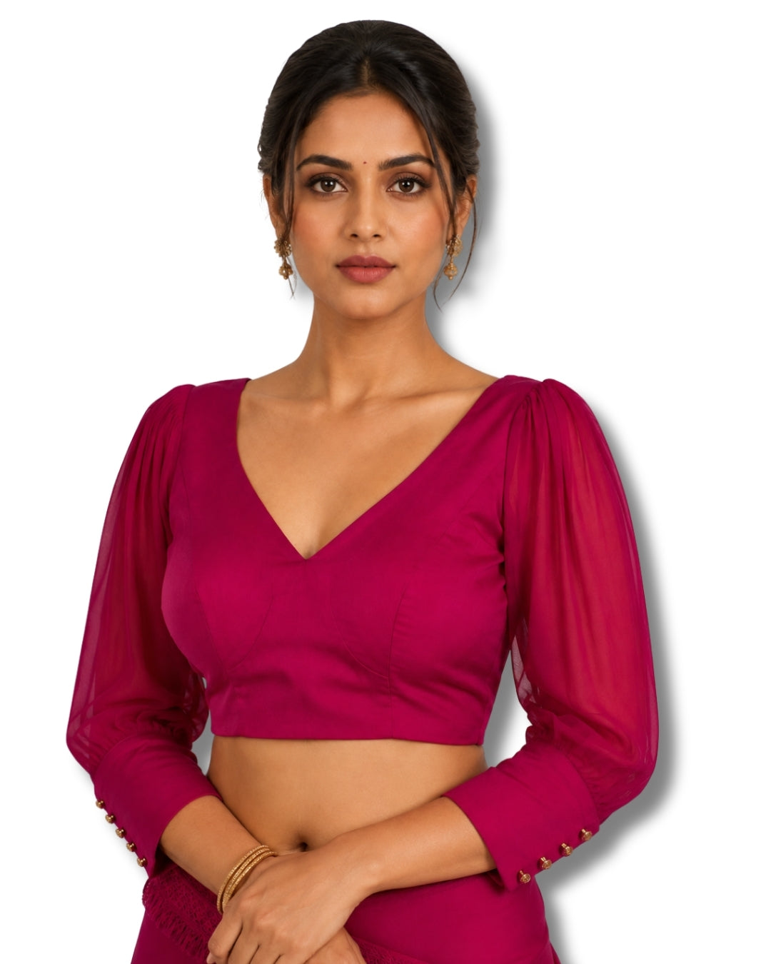 MATCHLINE™ Women's V-Neck Puff Sleeve Saree Blouse | Open Back Tie-Up Blouse