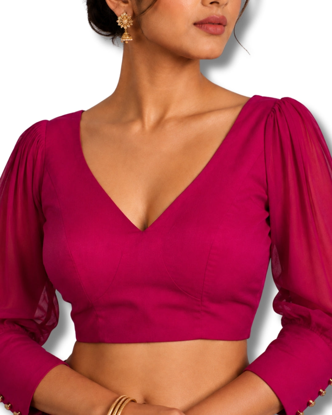 MATCHLINE™ Women's V-Neck Puff Sleeve Saree Blouse | Open Back Tie-Up Blouse