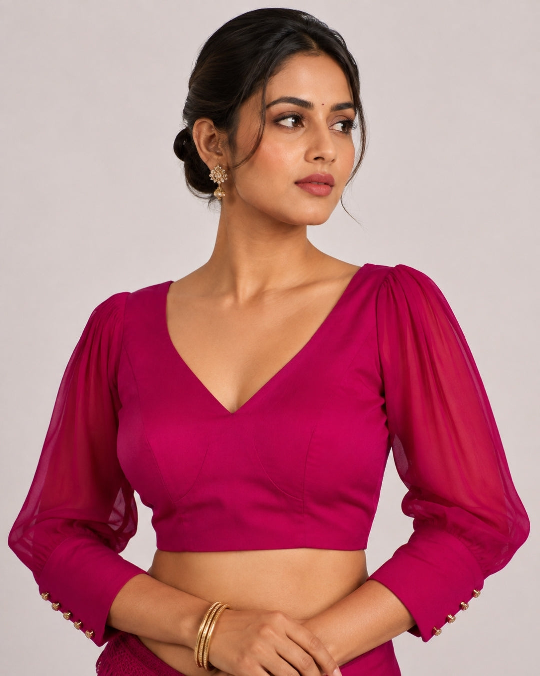 MATCHLINE™ Women's V-Neck Puff Sleeve Saree Blouse | Open Back Tie-Up Blouse