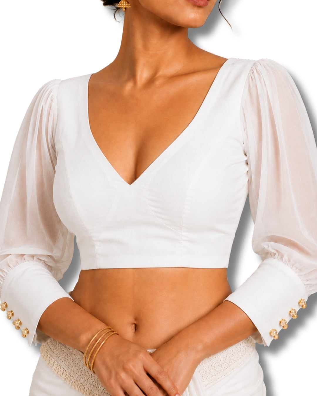 MATCHLINE™ Women's V-Neck Puff Sleeve Saree Blouse | Open Back Tie-Up Blouse