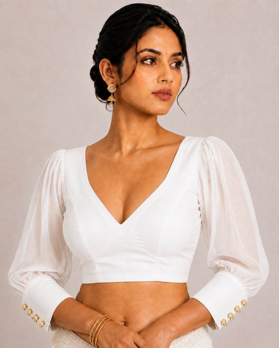 MATCHLINE™ Women's V-Neck Puff Sleeve Saree Blouse | Open Back Tie-Up Blouse