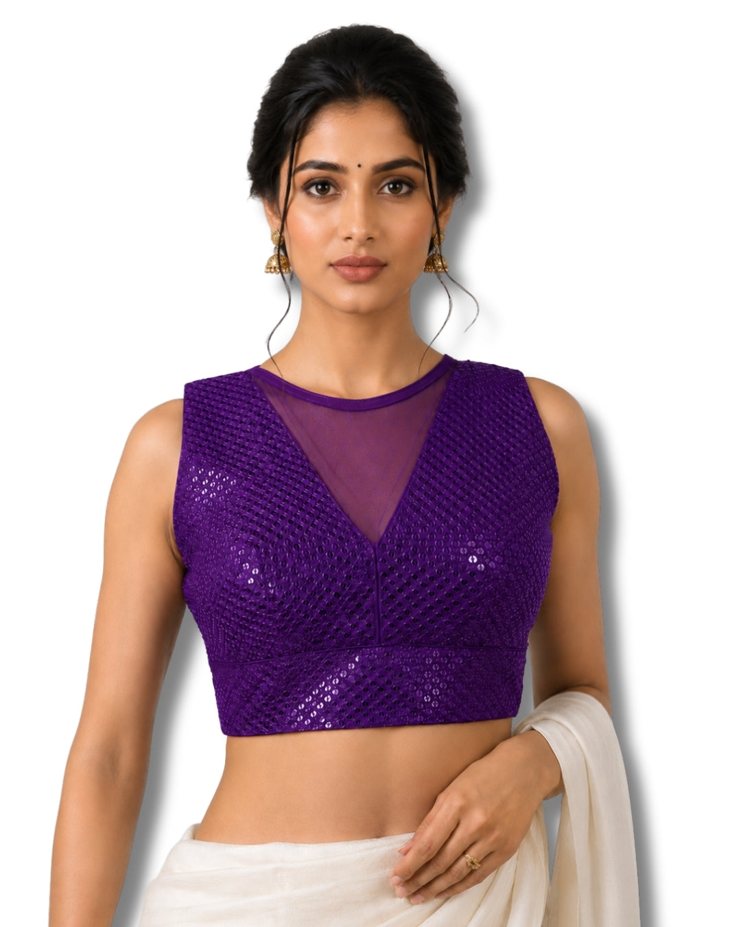 MATCHLINE™ Women's Embroidered Sequin Blouse | V-Neck Sleeveless Saree Blouse
