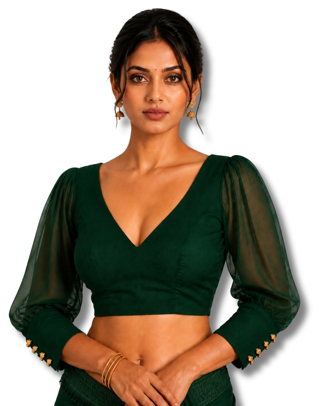 MATCHLINE™ Women's V-Neck Puff Sleeve Saree Blouse | Open Back Tie-Up Blouse