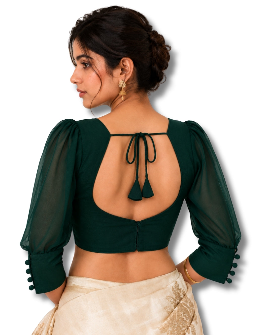 MATCHLINE™ Women's V-Neck Puff Sleeve Saree Blouse | Open Back Tie-Up Blouse