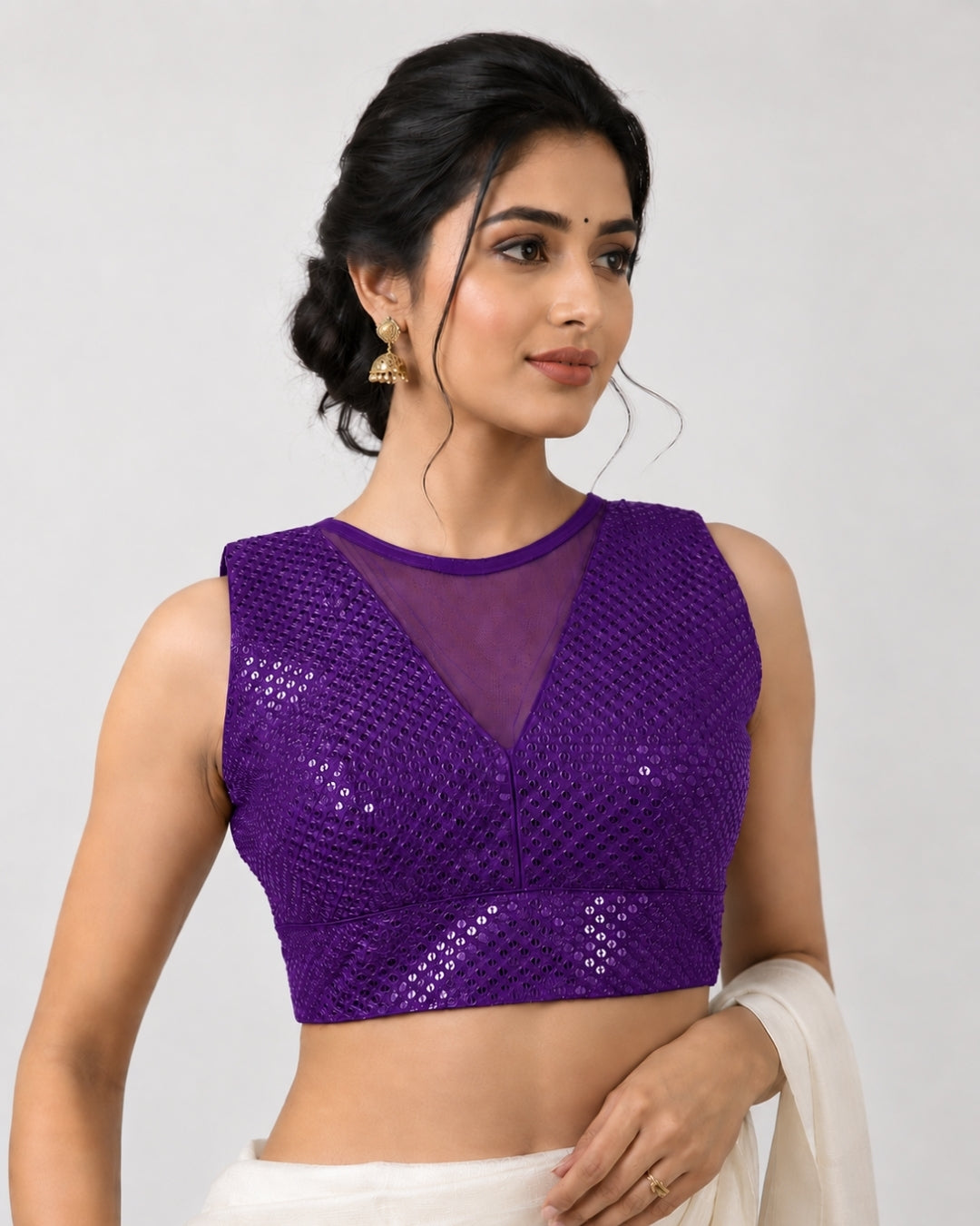 MATCHLINE™ Women's Embroidered Sequin Blouse | V-Neck Sleeveless Saree Blouse