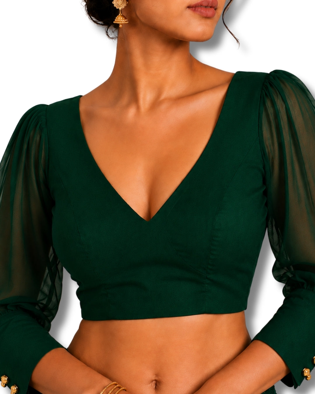 MATCHLINE™ Women's V-Neck Puff Sleeve Saree Blouse | Open Back Tie-Up Blouse