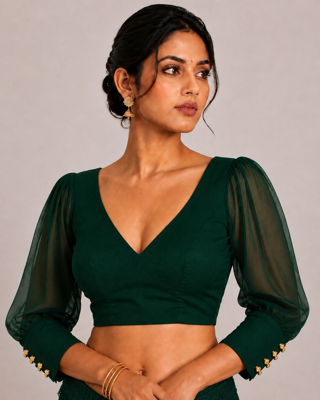 MATCHLINE™ Women's V-Neck Puff Sleeve Saree Blouse | Open Back Tie-Up Blouse