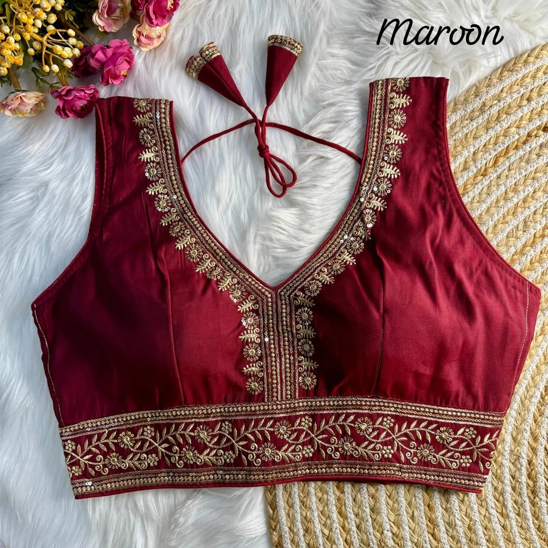 MATCHLINE™ Women's Silk Embroidered V-Neck Readymade Designer Blouse