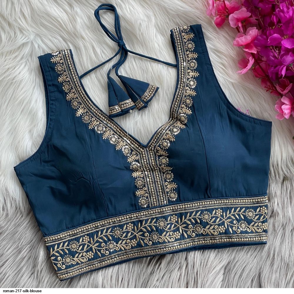 MATCHLINE™ Women's Silk Embroidered V-Neck Readymade Designer Blouse