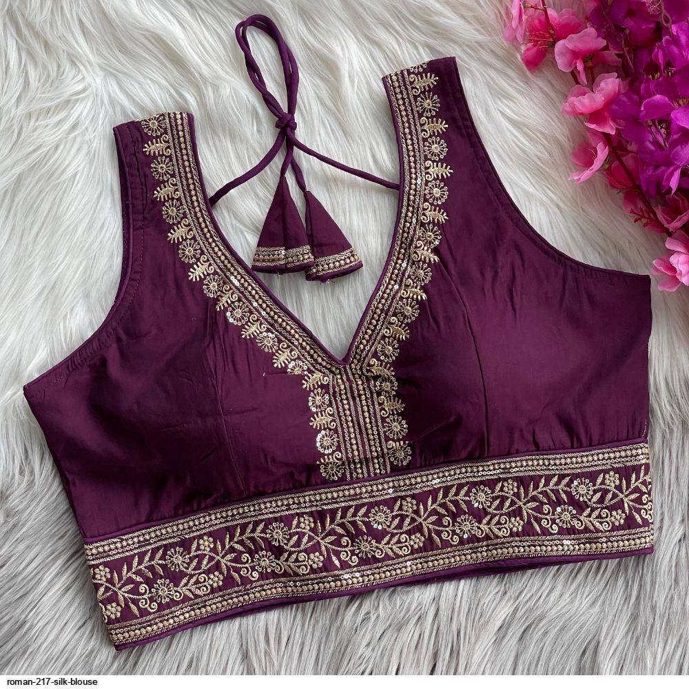 MATCHLINE™ Women's Silk Embroidered V-Neck Readymade Designer Blouse